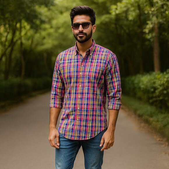 Peter Millar Men L Plaid Button Down Long Sleeve Casual‎ Cotton Shirt Retro Y2K - Picture 1 of 7